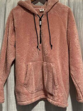 Victoria Secret PINK Sherpa Hoodie 1/2 Zip Over-sized Cozy Blush Pink Size M